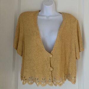 Vintage Sharade Crop Vest Buttons  Scalloped Hem Butter Yellow Laser Cut Flower